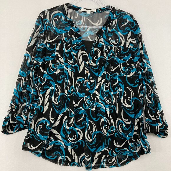 Juniper + Lime Tops - Juniper + Lime size XL Petite Blouse Black Blue Abstract Pintuck Mesh Stretch